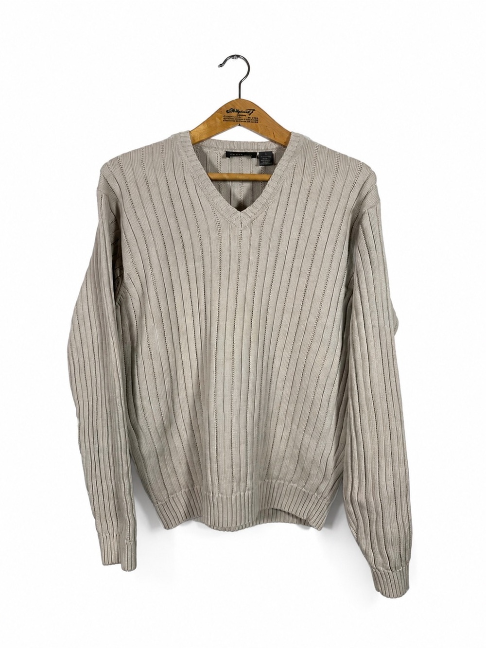 Van Heusen Beige Cotton Ribbed V-Neck Sweater Grandpacore Size L Casual Fall